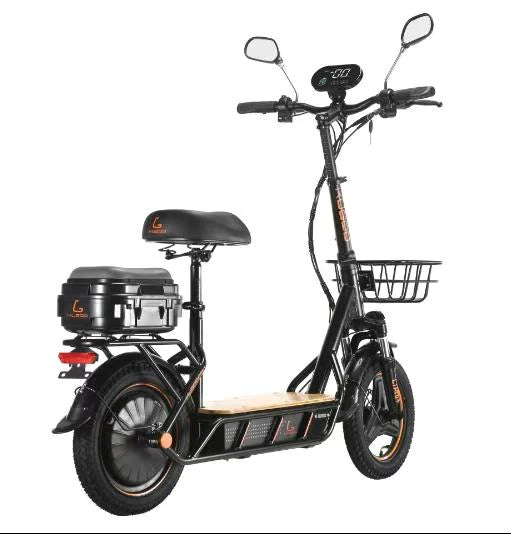 Black electric scooter with seat and basket