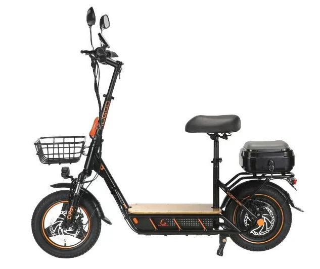 Black electric scooter with a seat and a basket