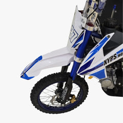 Close-up of a dirt bike with blue and white design