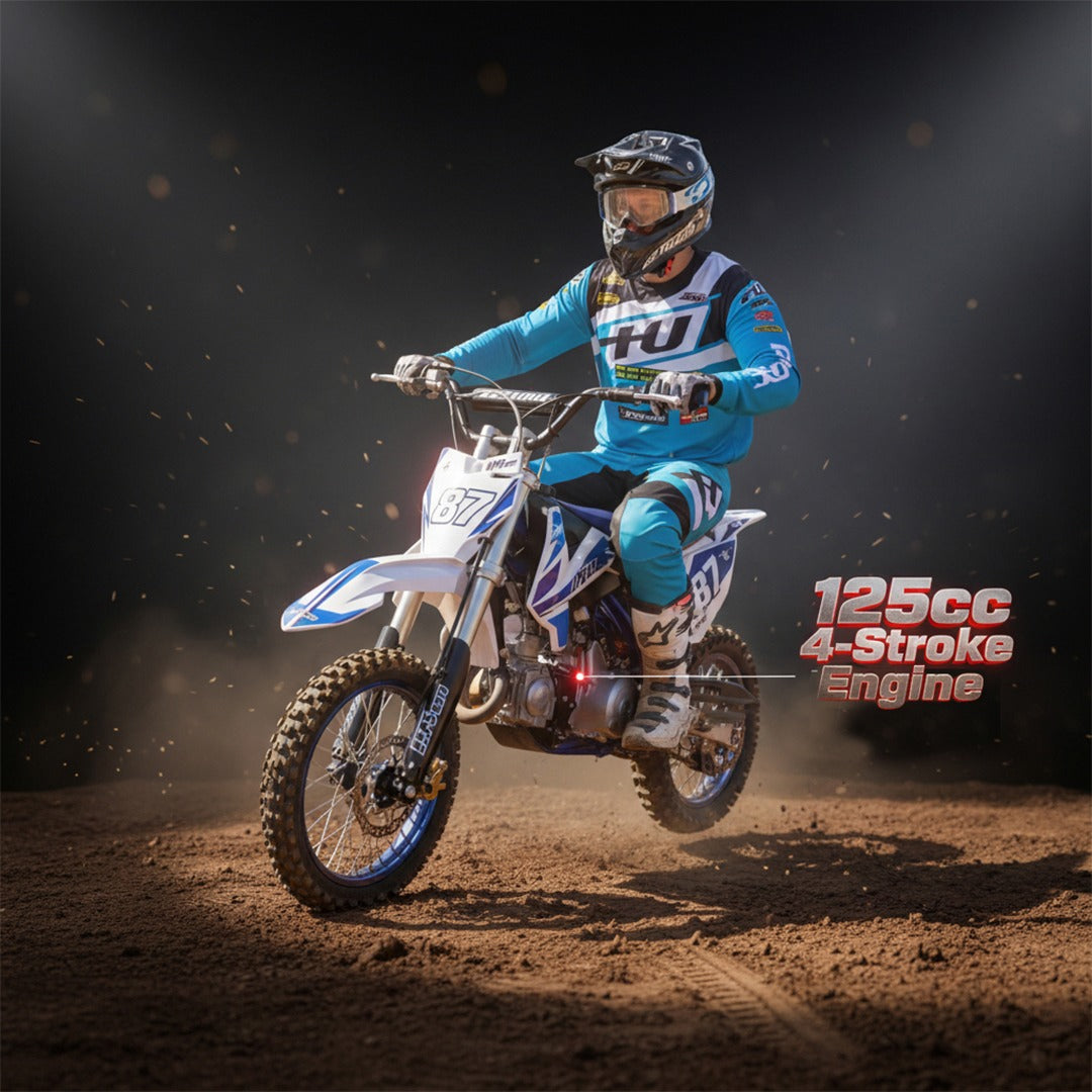 Person riding a dirt bike with a 125cc 4-Stroke Engine