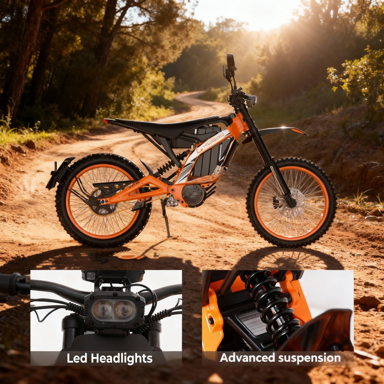 Electric bike on a dirt road with close-up insets of LED headlights and advanced suspension.
