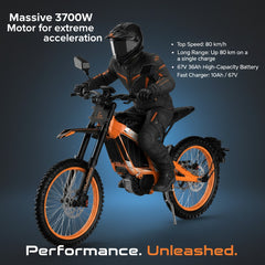 Person on an electric bike with performance specifications text