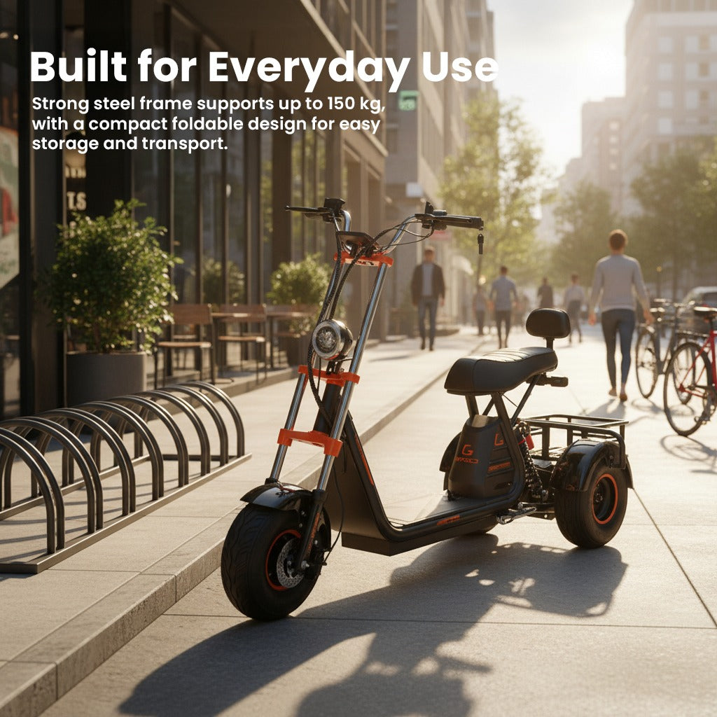 An electric scooter on a city street with capacity and design.