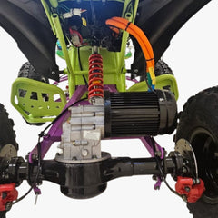 Close-up of an Electric ATV Atom Quad Bike component and suspension system