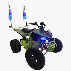 Side View of Colourful Electric ATV Atom 72 V Quad Bike with lights and flags