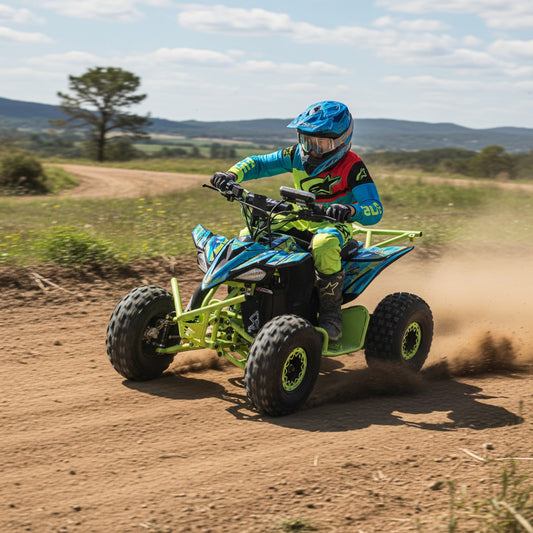 Person riding a Nitron Electric ATV Power Off-Road Quad Bike on a dirt path