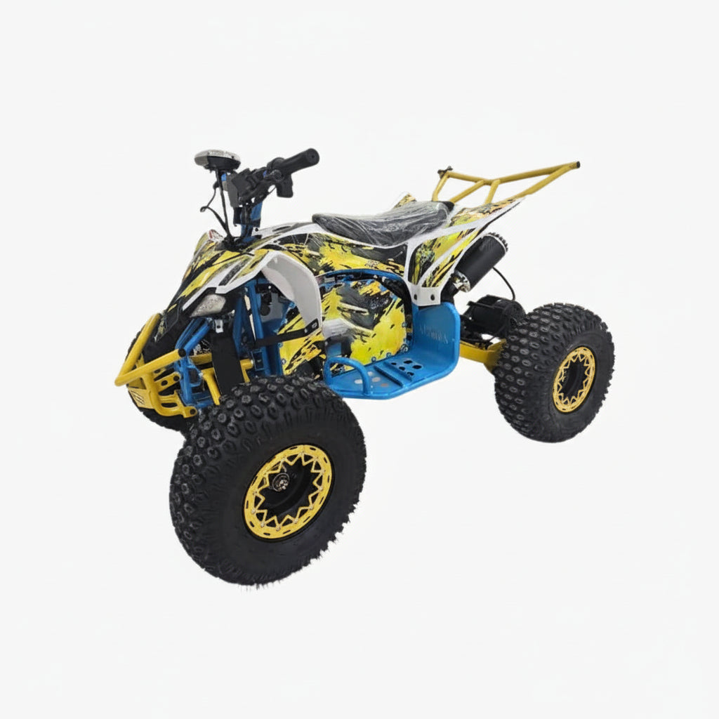 Model of a four-wheeler with a yellow and blue design