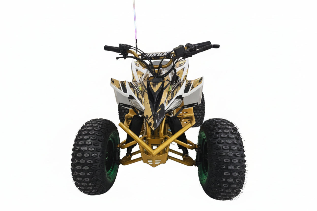 Gold and black ATV on a white background