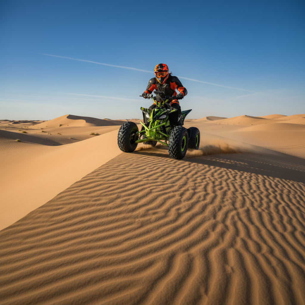 Person riding a green ATV in the desert