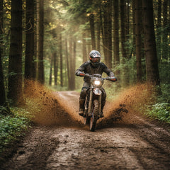 A person riding a motorcycle on a muddy forest road