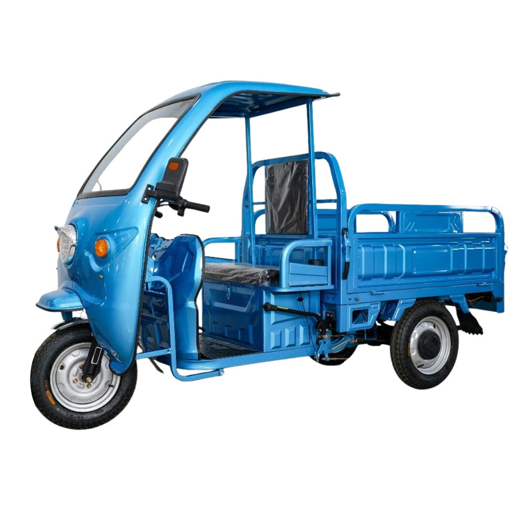 Blue three-wheeled motor vehicle
