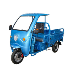 Blue three-wheeled motor vehicle with a cargo bed