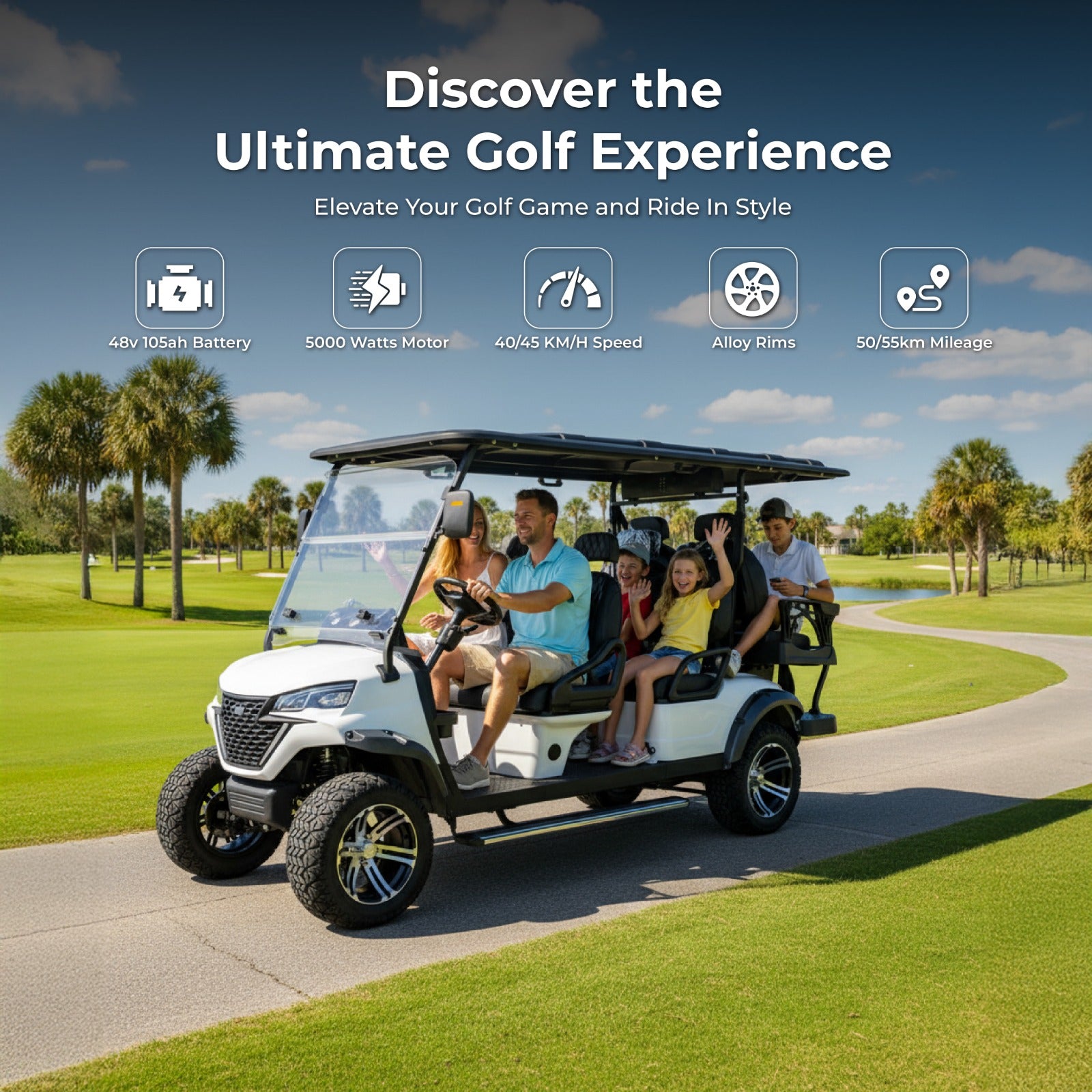Megawheel VLR Electric Golf Cart 4+2 Seater Lithium Battery Off-Road Radial Tyres With Warranty