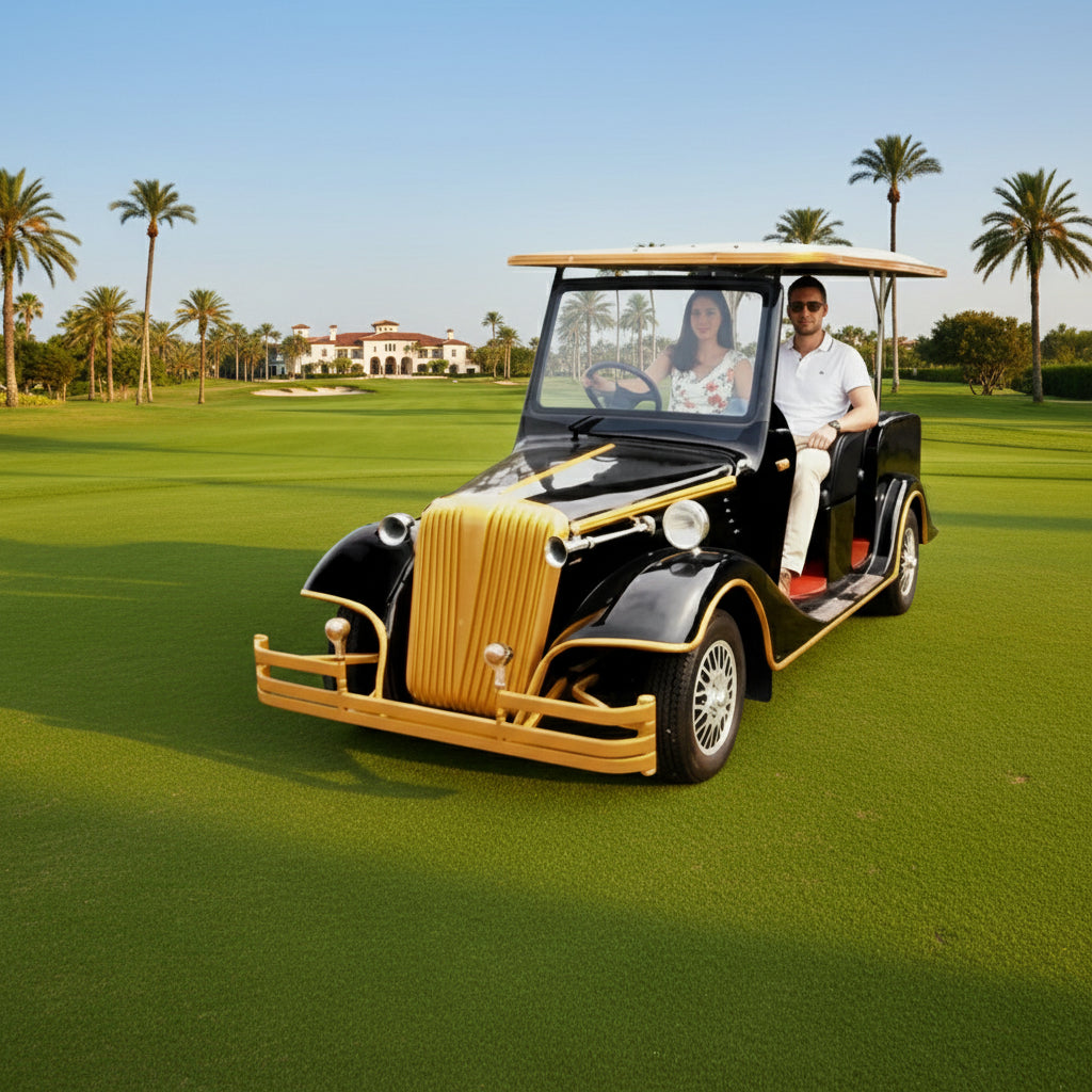 Vintage-style golf cart on a golf course with Person