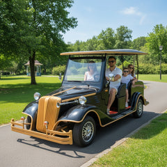 Family riding in a vintage-style golf cart on a path in a park