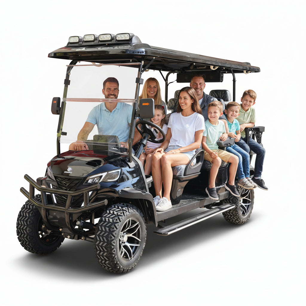 Family of six sitting in a large black off-road vehicle