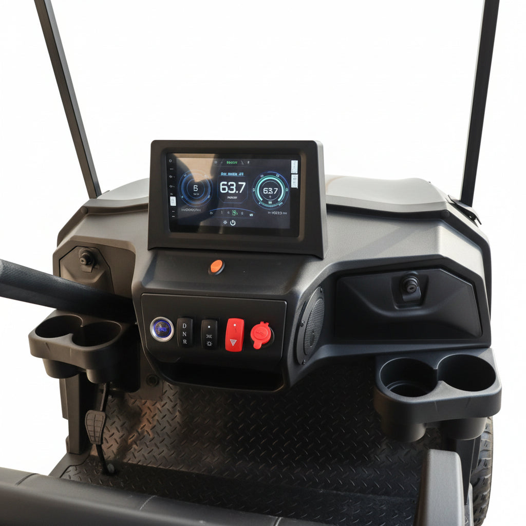 Close-up of a golf cart dashboard with a digital display and control buttons