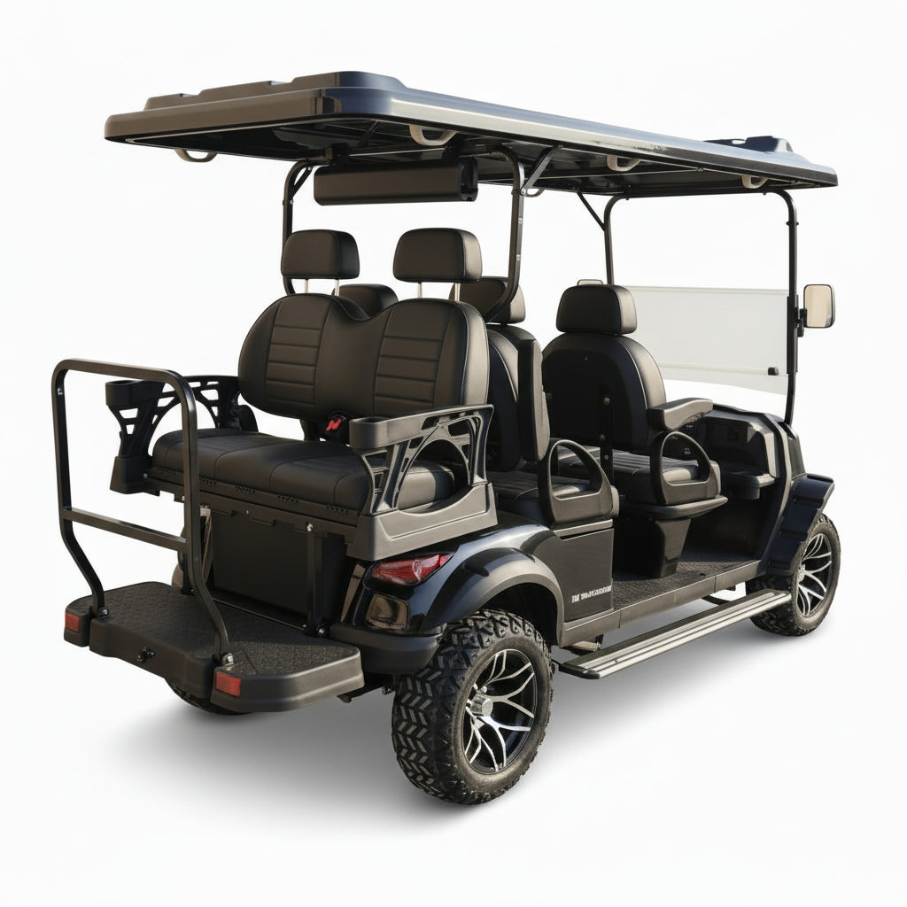 Back view of Black six-seater golf cart