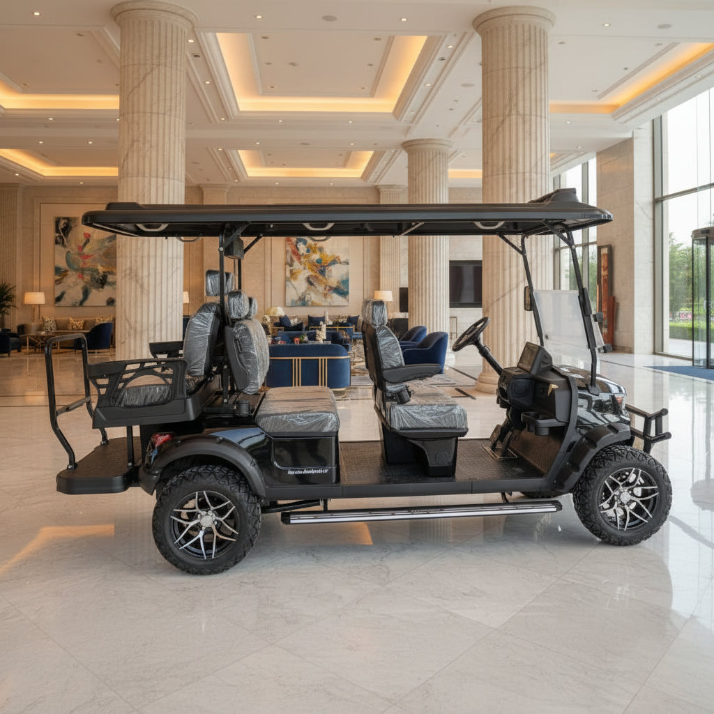 Black golf cart in a luxurious indoor setting