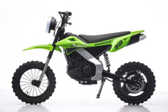 Side View of a Green dirt bike with a black seat