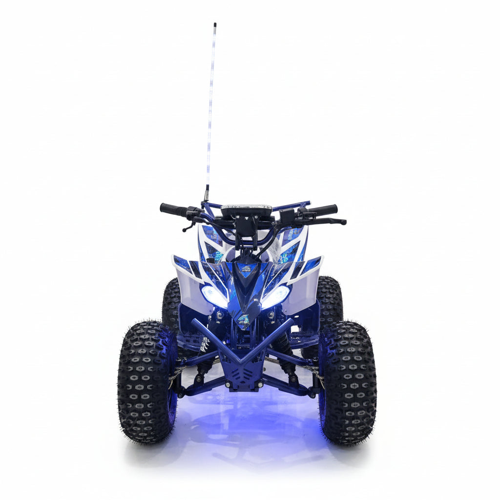 Blue and white ATV with LED lights