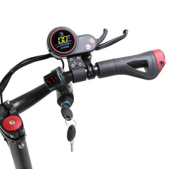 Close-up of an E Scooter handlebar with digital display and keychain