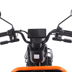 Close-up of a scooter handlebar with a screen and controls