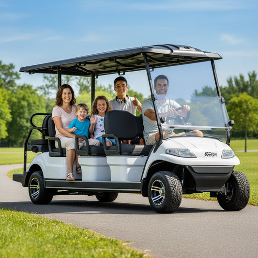 Family riding in a white 6-seater golf cart