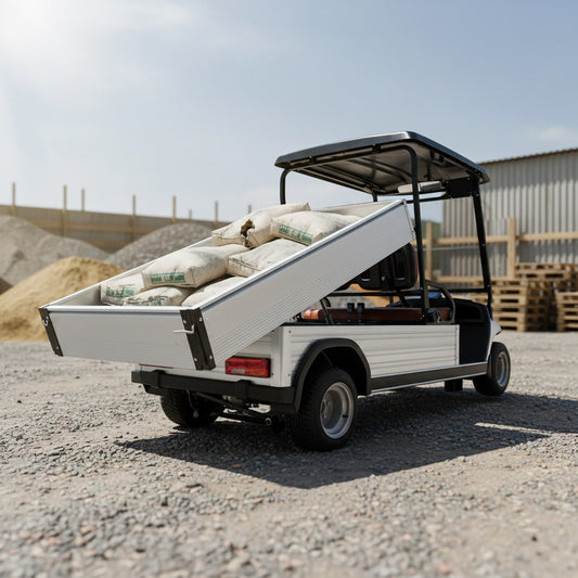 White Utility Golf Cart with an open cargo bed carrying bags on a gravel surface.