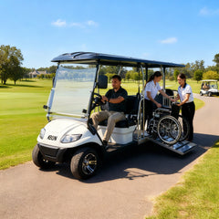Golf cart with a wheelchair attachment on a golf course