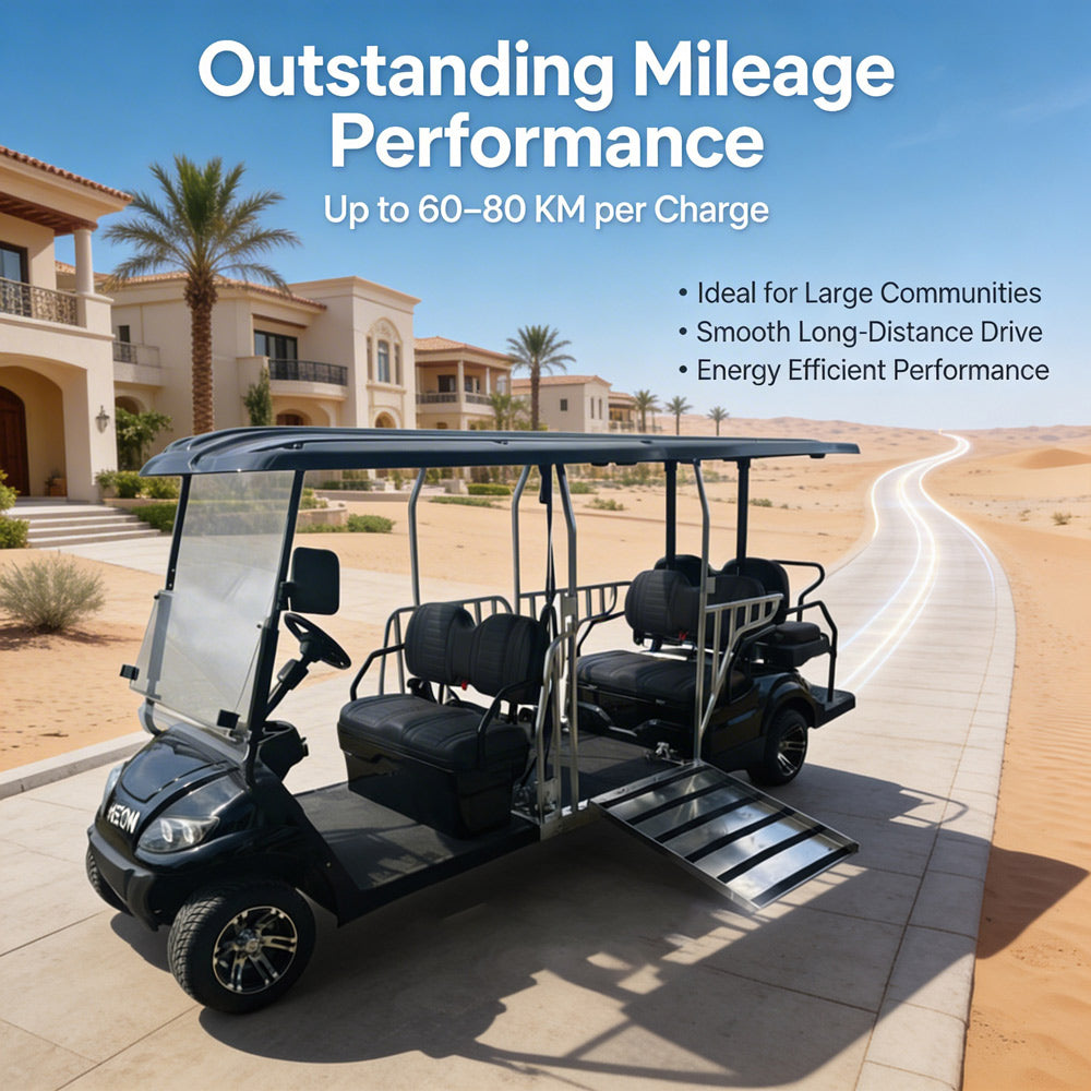 Electric golf cart on a road about mileage performance and features.