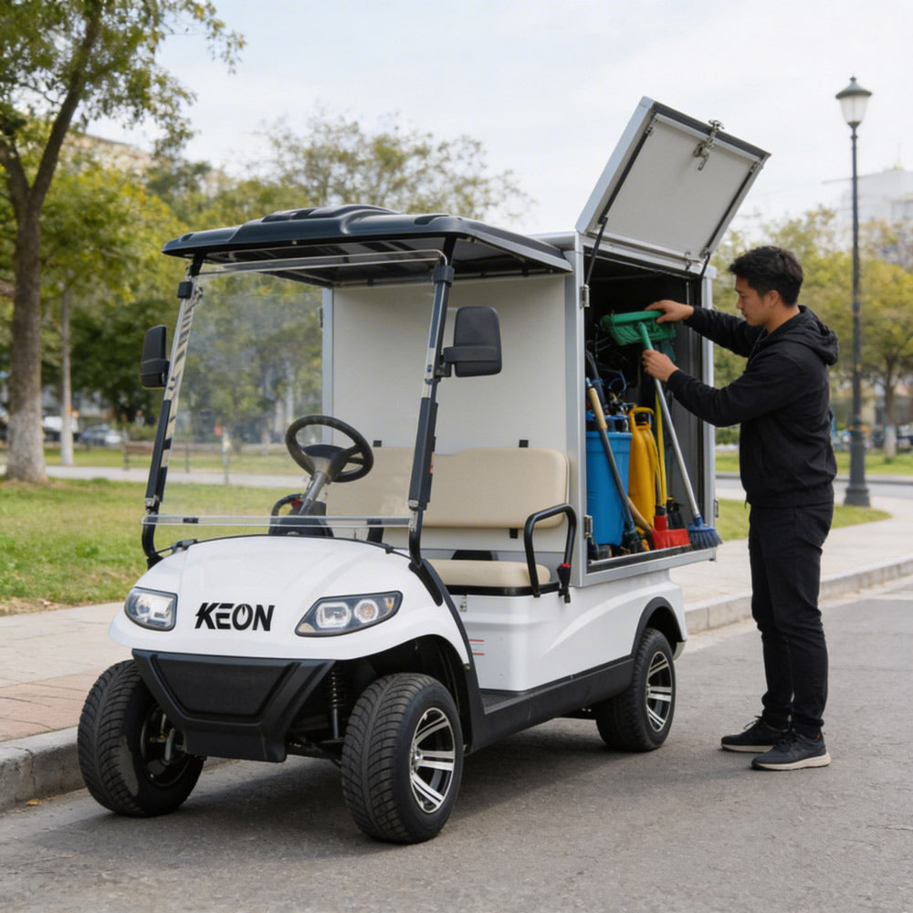 White golf cart with open storage compartment