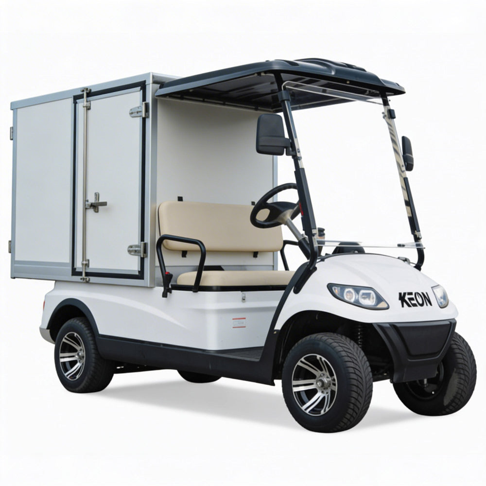 White golf cart with a cargo box