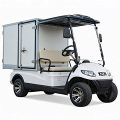 White golf cart with a cargo box