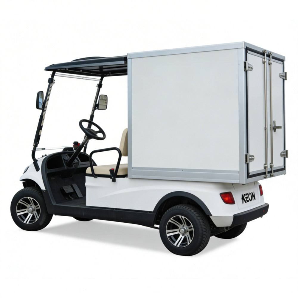 White golf cart with a cargo box