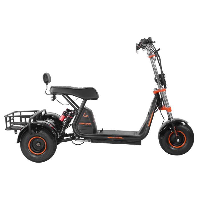 Black electric scooter with a seat and cargo basket