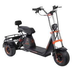 Black and orange electric scooter with a seat