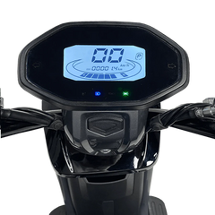 Close-up of a motorcycle handlebar with a digital display