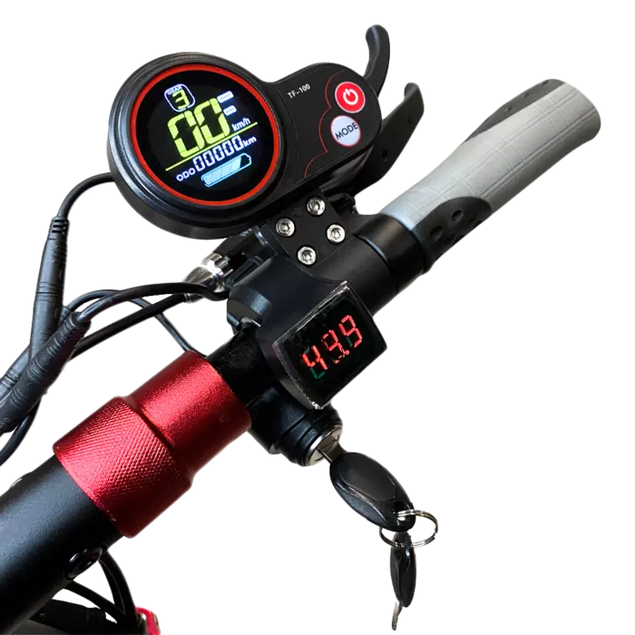 Digital display on a bicycle handlebar with red accents