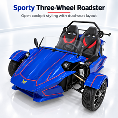 Megawheels 72 v electric Spyder M4 sporty three wheel roadster with blue body, red accents, dual seats and open cockpit design