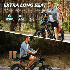 WindHorse V8 Pro 750W Fat Tire Electric Bike Extra long seat with back carriage