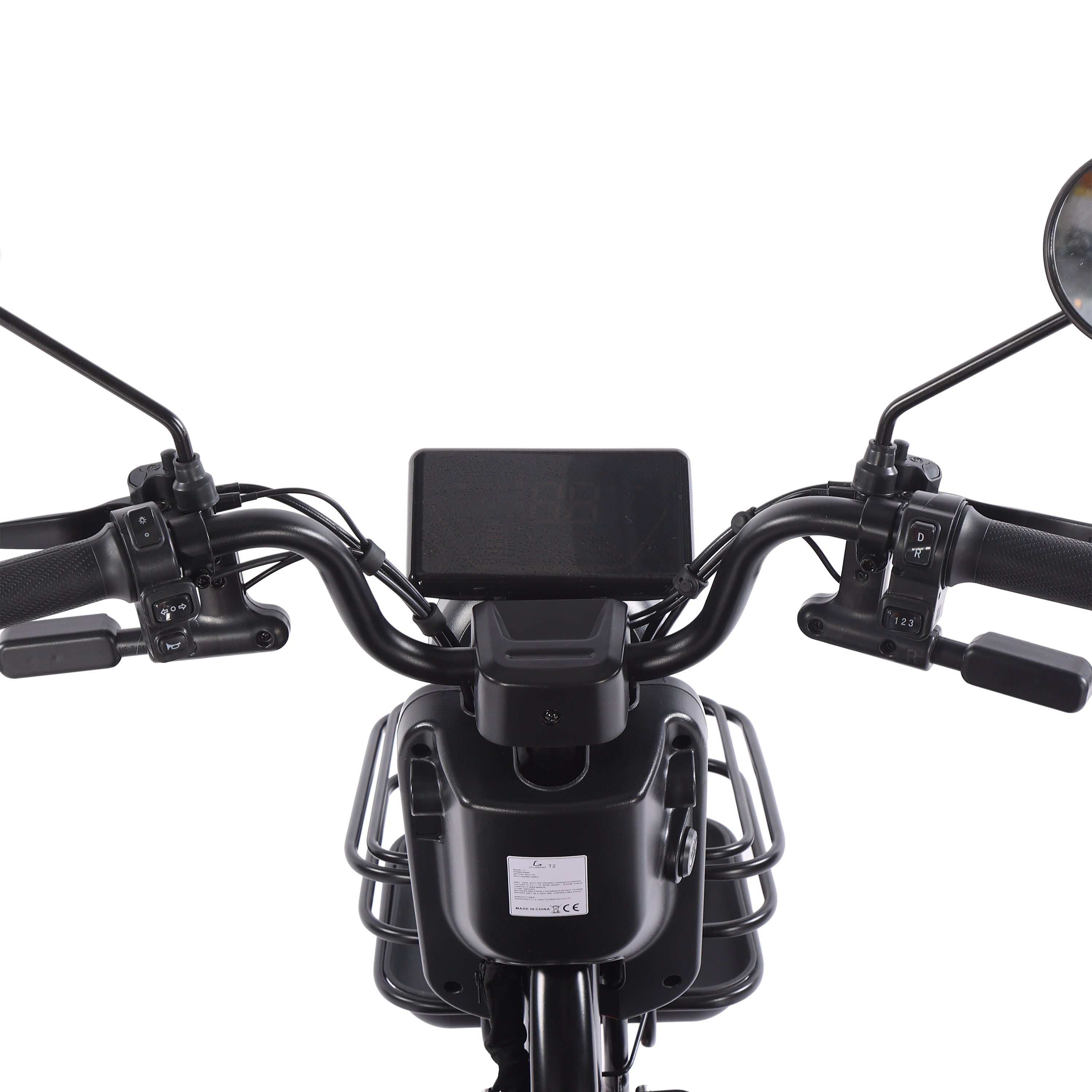 Close-up of a motorcycle handlebar with mirrors and control panel