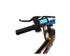 Close-up of a bicycle handlebar with an electronic control panel
