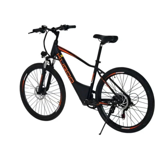 Side view of Black bicycle with orange accents