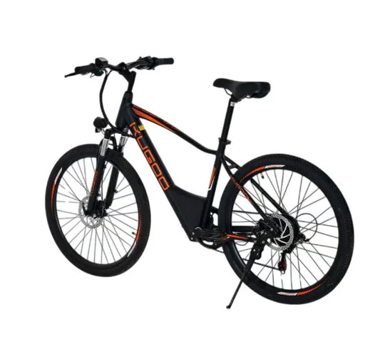 Side view of Black bicycle with orange accents