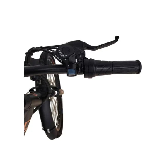 Close-up of a bicycle handlebar with brake lever and gear shifter