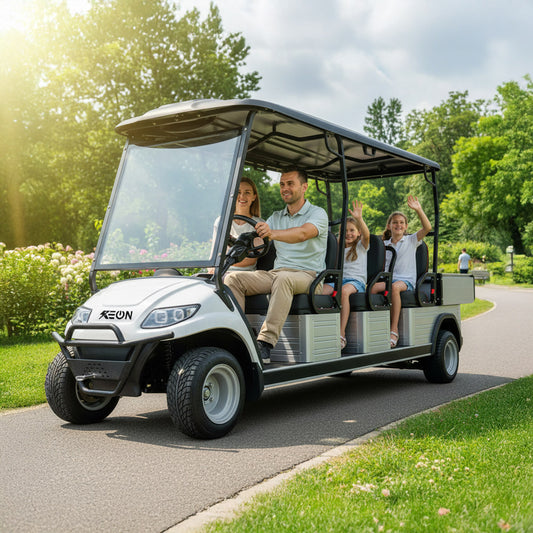 Family riding in a keon golf cart with utility cargo box