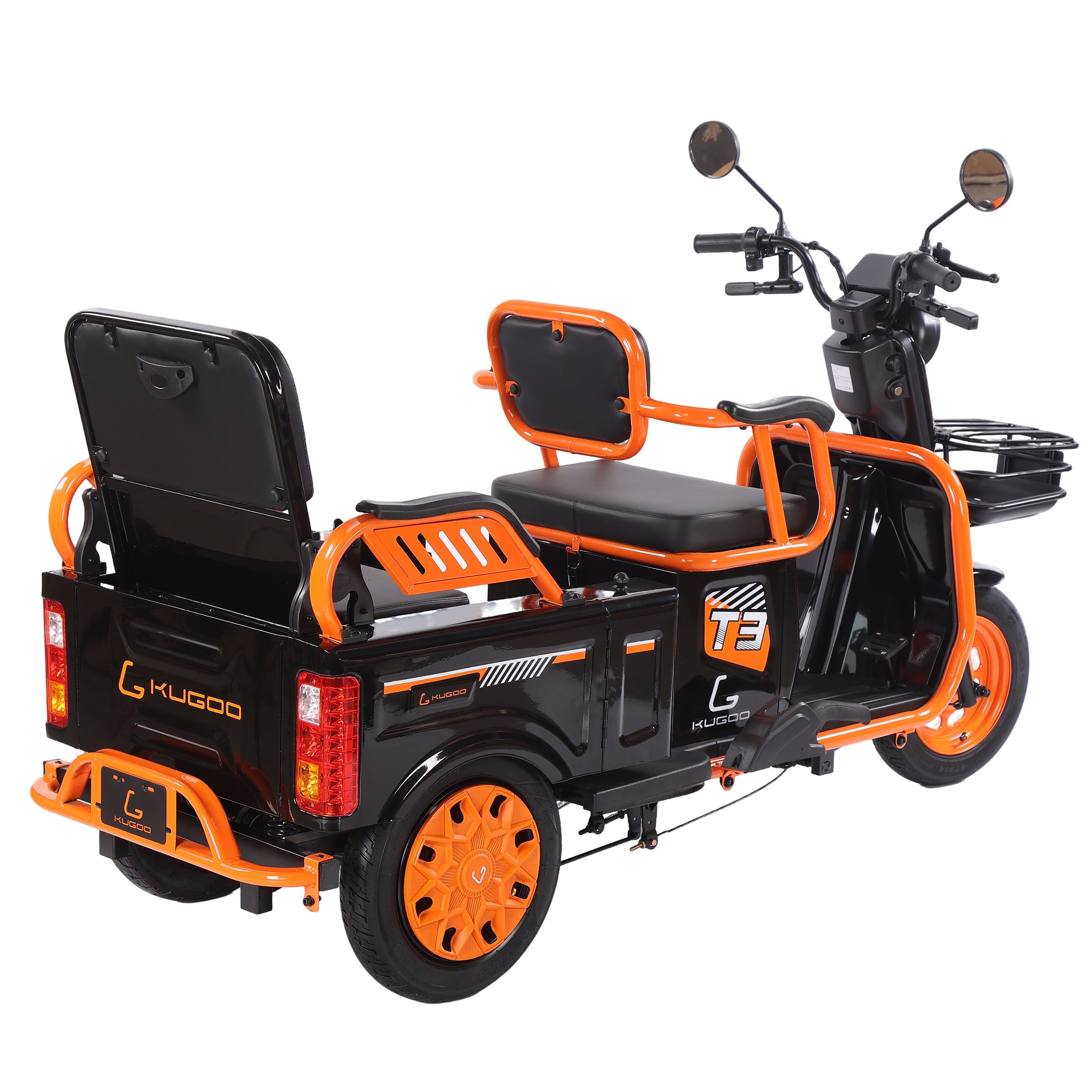 Black and orange three-wheeled electric vehicle with a cargo Kugoo  Hybrid 3-Wheel Electric