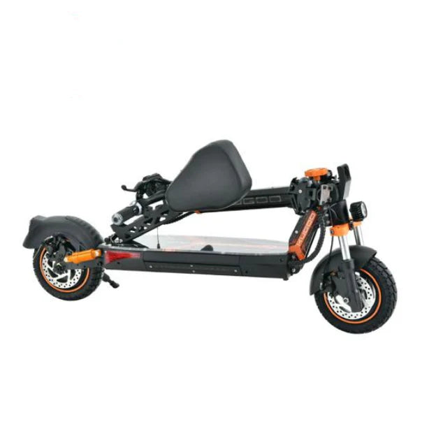 Black and orange foldable electric scooter with a seat