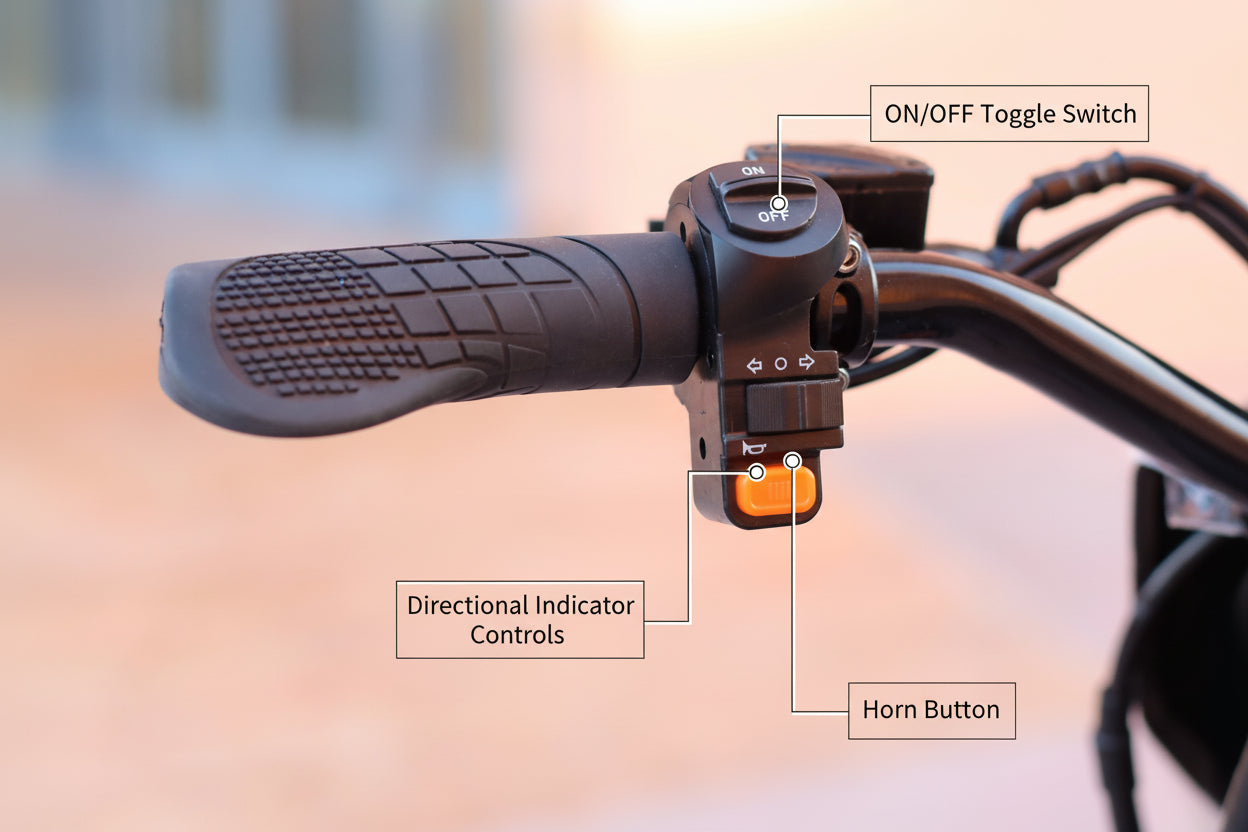 Close-up of a motorcycle handlebar with labeled controls